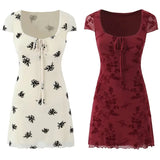2025 New Summer Flocking Flower Sweet Chic Tight Dress Square Collar Retro Short Dress Double Layer Mesh Sweet Chic Women Dress