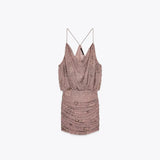Sexy Sequin Ruffles Sling Mini Dresses Women Vintage Sleeveless Beads V-neck Slim Party Dress Female Spring Chic Streetwear