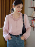Elegant 3D Floral Blouse Women Vintage Sweet O Neck Long Sleeve Shirt Fall French Retro Casual Female Ruffles All Match Pink Top