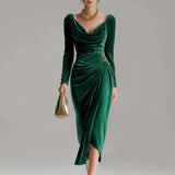 Pbong  Autumn Winter Women's Velvet Long Sleeved Dress Square Neck High Waisted A-line Banquet Dress Elegant Temperament Draped Dress