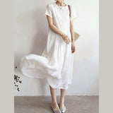Pbong  Summer New Women's Short Sleeve Linen Dress Comfortable Casual Cotton Linen Midi Skirt Commute Artistic Style Loose Waist
