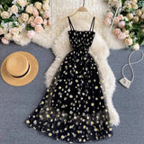Women Dress 2025 New Korean Fashion Floral Print Spaghetti Straps Mesh Party Dress Vacation Style Lady Beach Vestidos
