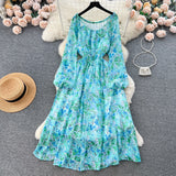 Pbong  Women Dress Spring and Autumn Fashion Print Floral Elastic Waist A-line Chiffon Dress Korean Beach Long Robe Femme