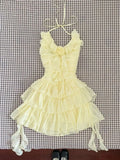 Pbong  Slim Sweet Ruffles Dress Women Fashion 3D Floral Casual Elegant Mini Dress Summer Sexy Sleeveless Lady Yellow Cake Vestidos