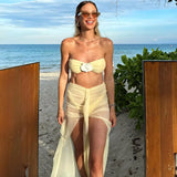 3Pcs Sexy Bikini Set Women Swimsuit 2025 Swimwear Female Yellow Bandeau Biquini Mesh Skirt Bathing Suit Summer Beach Outfits