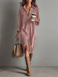 Pbong  New Fall Retro Solid Ribbed Corduroy Dress Woman Elegant Single Breasted Lapel Shirt Dresses Long Sleeve Slit Clothing