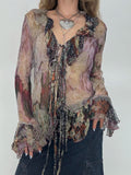 Vintage Floral Print Ruffles Mesh Shirts Women See Through Sexy Ruffle Sleeve Open Stitch Lace-Up Aesthetic Clothes
