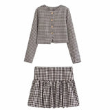 2025 New Spring Houndstooth Tweed Short Coat And Pleated Skirt Women Sets Single Breasted Retro Jacket + High Waist Skirt Suit