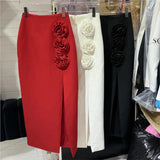 3D Flower Slit Slim Party Long Skirts Fashion High Waist Tight Women Skirt Solid Color Zipper Female Skirt Summer New