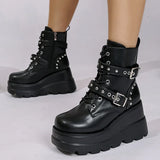 Pbong  Women's Gothic Chunky Platform Ankle Boots Thick Bottom Wedges PU Leather Combat Shoes Woman Rivet Buckle Decor Black Punk Boots