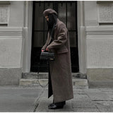 Brown Shoulder Pad Woolen Overcoat Women Elegant Lapel Single-breasted Long Sleeve Coat 2025 Autumn Lady Commuter Outerwear