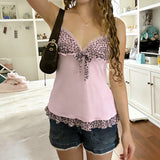 Pbong  Sweet Pink Leopard Printed Patched With Bow Camisole Y2K Aesthetics Girl's V-neck Lace Up Mini Sleeveless Tops Summer