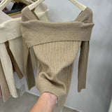 Women Off the Shoulder Sweater Top Ribbed Knit Long Sleeve Pullover Fitted Plain Jumper Ladies Fall Winter Elegant Outfit