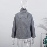 Solid High Neck Double Button Topcoat Dropped Shoulder Loose 2025 Autumn Short Elegant Jacket Women Urban Casual Lady Outerwear