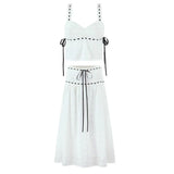 flower embroidery v-neck lace-up tank top and long skirt summer outfits 2pc patchwork white casual vacation beach women set