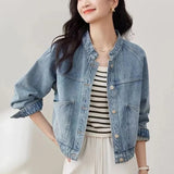 New 2025 Spring Autumn Temperament Retro Women’s Short Cowboy Jacket Stand-up Collar Long-sleeved Ladies Denim Overcoat