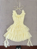 Pbong  Slim Sweet Ruffles Dress Women Fashion 3D Floral Casual Elegant Mini Dress Summer Sexy Sleeveless Lady Yellow Cake Vestidos