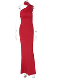 Halter Backless Sexy Maxi Dress Women Summer New Inclined Shoulder Sleeveless High Waist Bodycon Elegant Long Dress