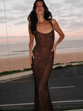 Elegant Bead Mesh Patchwork Long Dress For Women Backless O-neck Sleeveless Slim Robes Shiny Party Club Sexy Dresses