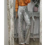 Pbong  Shiny Sequin Flared Pants Slim Fit Party Elastic Multicolor Casual Style Women's Comfortable Spring Summer New Arrival