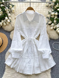Gentle Korean Shirt Dress Female Single Breasted Lace Spliced Fashion Long Sleeve Women A Line Solid Autumn Chic Dress