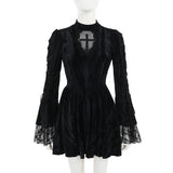 Mall Goth Fairycore Gothic Dress Women Aesthetic Lace Patchwork Flare Sleeve High Waist Dress Halloween Dark Partywear