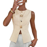 Pbong  Elegant Striped round Neck Button up Vest Top Women's Fashion Outerwear Sleeveless Slim Fit Street Style New Arrival
