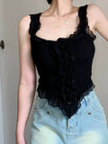 Women's Sweet Girl White Lace Knitted Crop Top Korea U-Neck Spaghetti Straps Tank Top 2025 Summer Female White Lace Stretch Cami