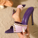 Pbong  Summer Fashion Metal Decoration Pointed Toe Slippers Women Thin Heels Stripper Banquet Shoes