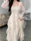 Women Elegant Solid Ruffles Fairy Dresses Korean Fashion Slim Wasit A Line Midi Dress Autumn Princess Party Vestidos New