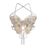 Women Summer Sleeveless Crisscross Tie Backless Sexy Camisole Butterfly Embroidery Halterneck Bras Festival Crop Top