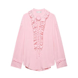 Elegant Casual Ruffles Lace-up Shirts Women Fashion Loose Long Sleeve V Neck Summer Blouse Lady Lightweight Holiday Tops 2025
