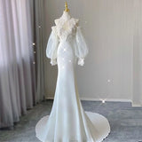 Pbong  Retro Lace Light Wedding Dr New Satin Fi Tail Gown Ele Bride Outdoors Welcoming Guest Light High Waist