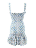 Pbong  Sexy White Blue Flower Print Corset Ruched Elastic Body Sling Mini Dress Woman Wood ears Square Collar Ruffles Hem Robe Holiday