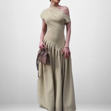 Pbong  Patchwork Pleated Maxi Dress Women's Black Half-turtleneck Short Sleeve High Waist Chic Elegant Office Street Dress