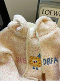 Winter Faux Lamb Sweet Coat Women Cute Cartoon Embroidery Warm Jacket Casual Loose Long Sleeve Korean Fashion Hooded Tops