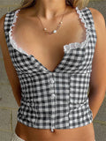 Women's Retro Plaid Tank Tops Sleeveless Button Down Lace Trim Cropped Tops Backless Bandage Casual Summer Vest Shirts New