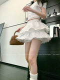 Coquette White Lace Short Skirt Ruffle Women Sweet Bow Kawaii Mini Skirts Patchwork Layered A-line Aesthetics Skirt