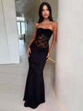 Lace See Through Strapless Sexy Maxi Dress Women Black Off-shoulder Backless Sleeveless Bodycon High Waist Long Dress