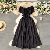 Pbong  Summer Vacation Slim Elastic Waist Long Dress Women Elegant Off Shoulders Big Swing Maxi Beach Dress Party Robe Femme