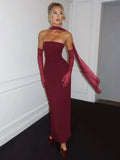 Strapless Backless Sexy Maxi Dress For Women Burgundy Mesh Sleeve Off-shoulder Bodycon Club Party Evening Long Dress