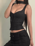 Casual Solid Crop Tops With Scarf Slim Square Collar Sleeveless Tank Tops Women 2025 Summer Fashion Streetwear Ladies