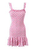 Pbong  Sexy White Blue Flower Print Corset Ruched Elastic Body Sling Mini Dress Woman Wood ears Square Collar Ruffles Hem Robe Holiday