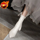 Women's Boots High Heels Half Footwear White Pointed Toe Elastic Shoes for Woman Mid Calf Elegant Heeled  New Spring Pu Y2k
