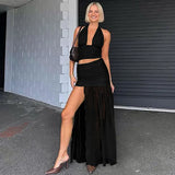 Women V neck Vest Skirts Set Slim Sexy Halter Tanks Top  Mesh Splice Slit Long Skirt Solid Casual Two Piece Set Female