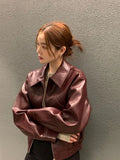 Women Fashion Solid Pu Leather Zipper Coat Retro Turn Down Collar Long Sleeve Outwear Autumn Female Chic Motorcycle Jackets