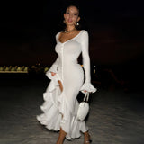 Women's A-Line Bodycon Maxi Dress Ruffles Hem V-Neck Asymmetrical Buttons Long Sleeve Long Dress Party Streetwear Vestido