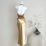 Pbong   Luxury Evening Party Golden Two-piece Skirts Sets Sexy Backless Halter Tops Korean Fashion High Waist Mermaid Skirts Suits