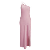 New Summer Fashion Backless Vacation Party Vestidos Satin Sexy Slim Slant Shoulder Solid Color Slit Casual Long Dress Vestidos