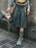 Women 2000s Harajuku Fashion Jean Midi Skirt Denim Midi Pleated A-line Skirts Dark Academia Y2k Preppy Japanese Grunge Gyaru New